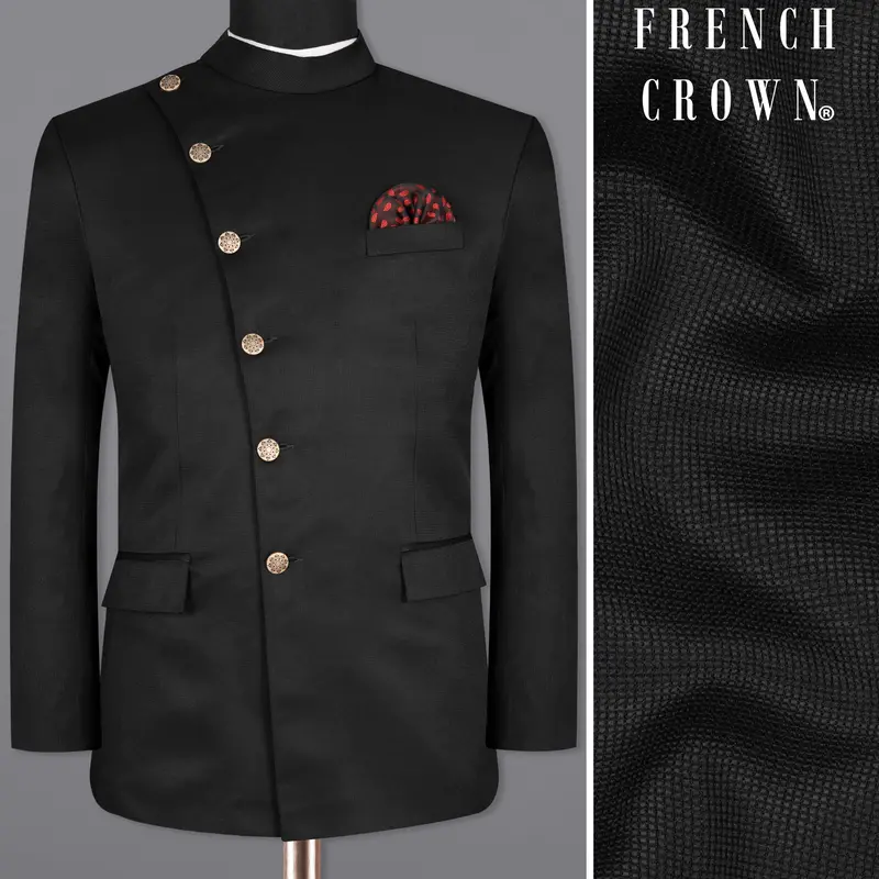Log Cabin Black Cross Placket Wool Rich Bandhgala Blazer 1