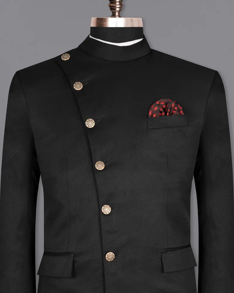 Log Cabin Black Cross Placket Wool Rich Bandhgala Blazer 2