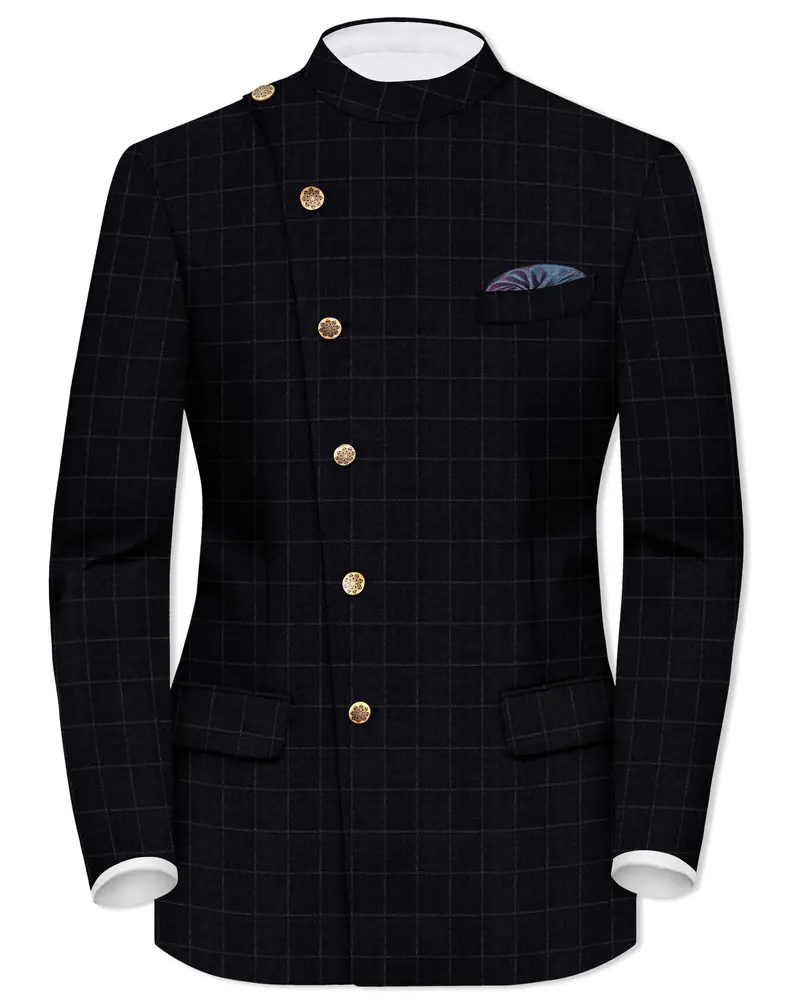 Log Cabin Black Super Fine  Windowpane Cross Placket Wool Rich Bandhgala Blazer 1