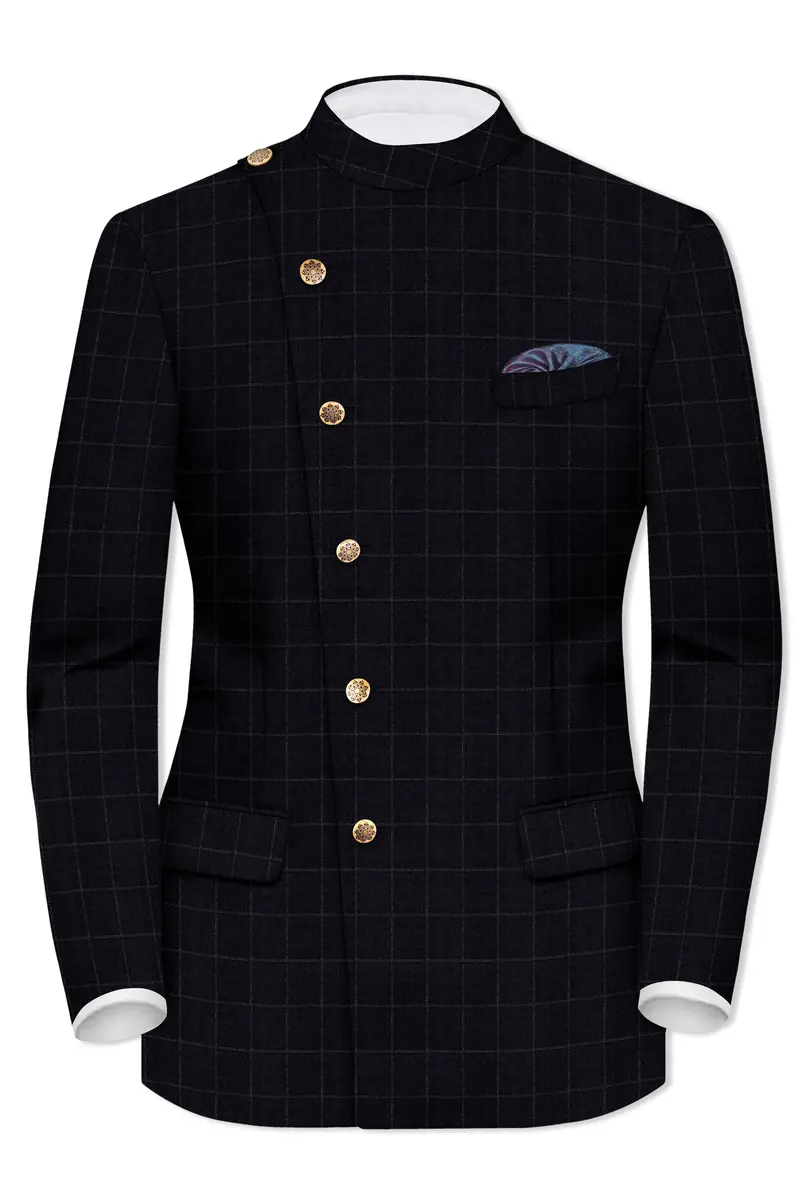 Log Cabin Black Super Fine Windowpane Cross Placket Wool Rich Bandhgala Blazer 2