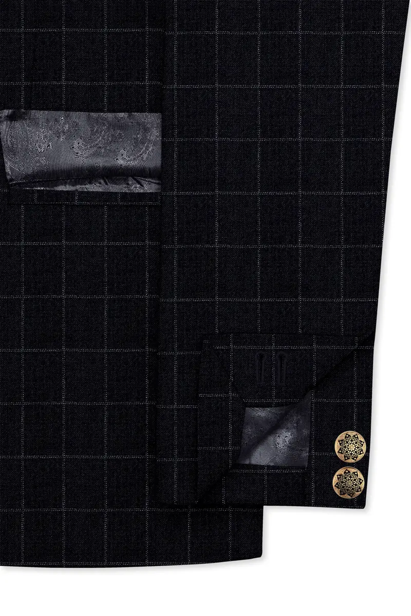 Log Cabin Black Super Fine Windowpane Cross Placket Wool Rich Bandhgala Blazer 5