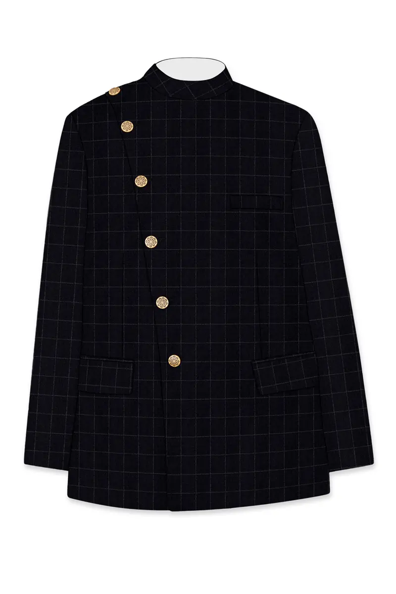 Log Cabin Black Super Fine Windowpane Cross Placket Wool Rich Bandhgala Blazer 6