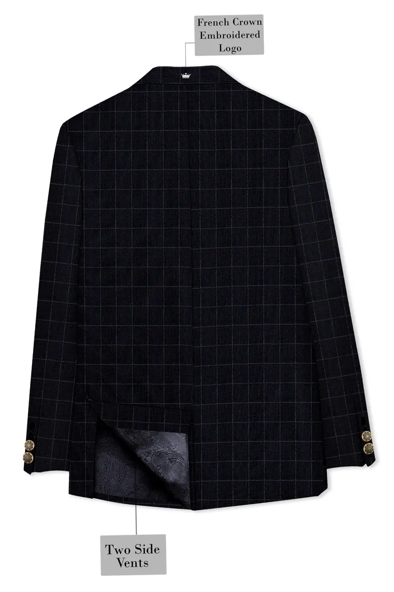 Log Cabin Black Super Fine Windowpane Cross Placket Wool Rich Bandhgala Blazer 7