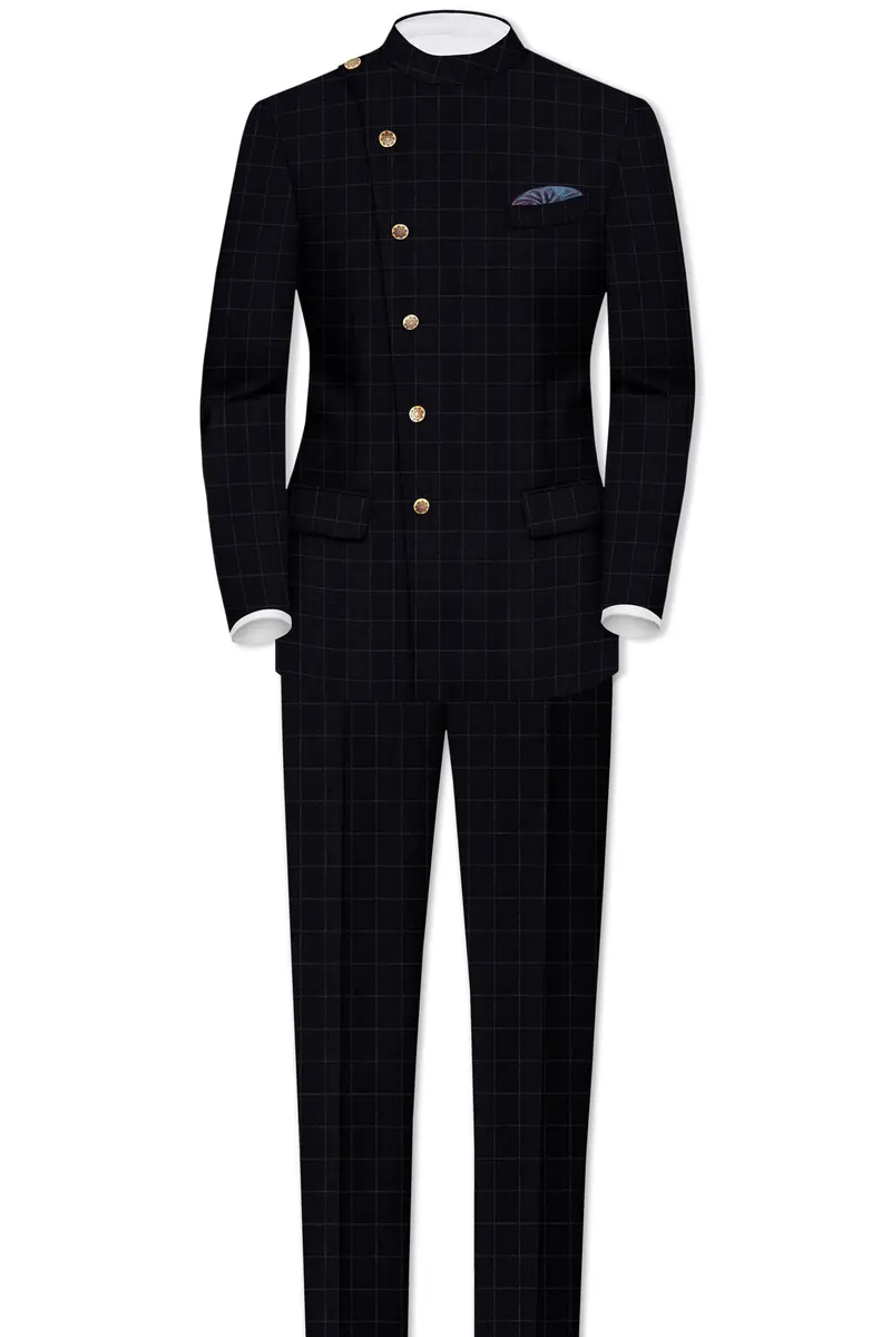 Log Cabin Black Super Fine Windowpane Cross Placket Wool Rich Bandhgala Blazer 8