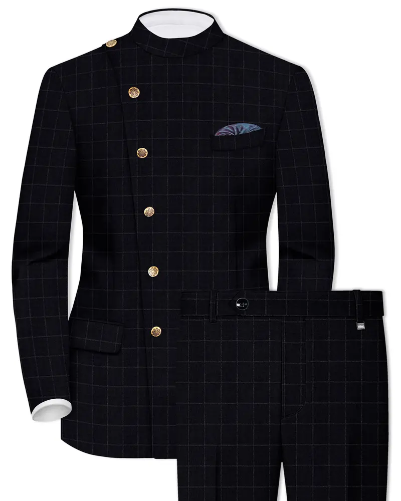 Log Cabin Black Super Fine  Windowpane Cross Placket Wool Rich Bandhgala Suit 1