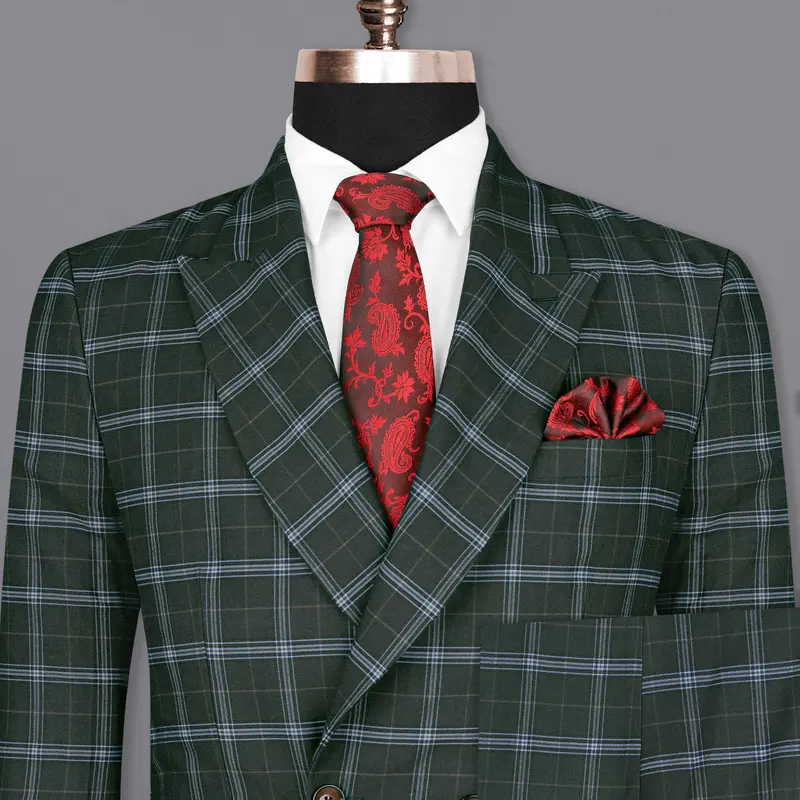 Log Cabin Green Super Fine Windowpane Wool Rich Double Breasted Suit 1