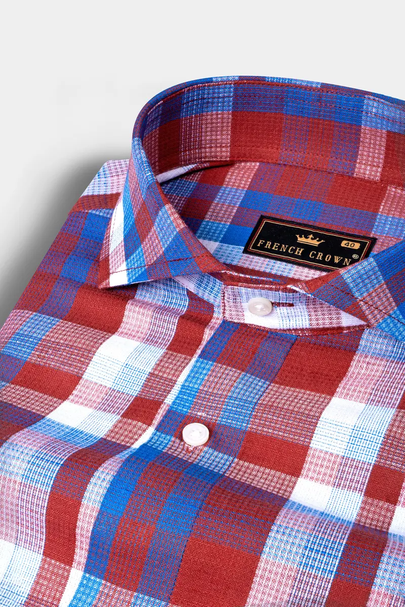 Lonestar Red With Blue Checkered Dobby Textured Premium Cotton Shirt 1