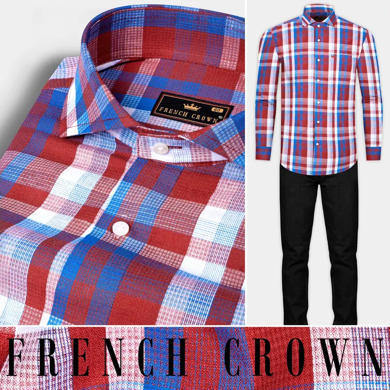 Lonestar Red With Blue Checkered Dobby Textured Premium Cotton Shirt 10
