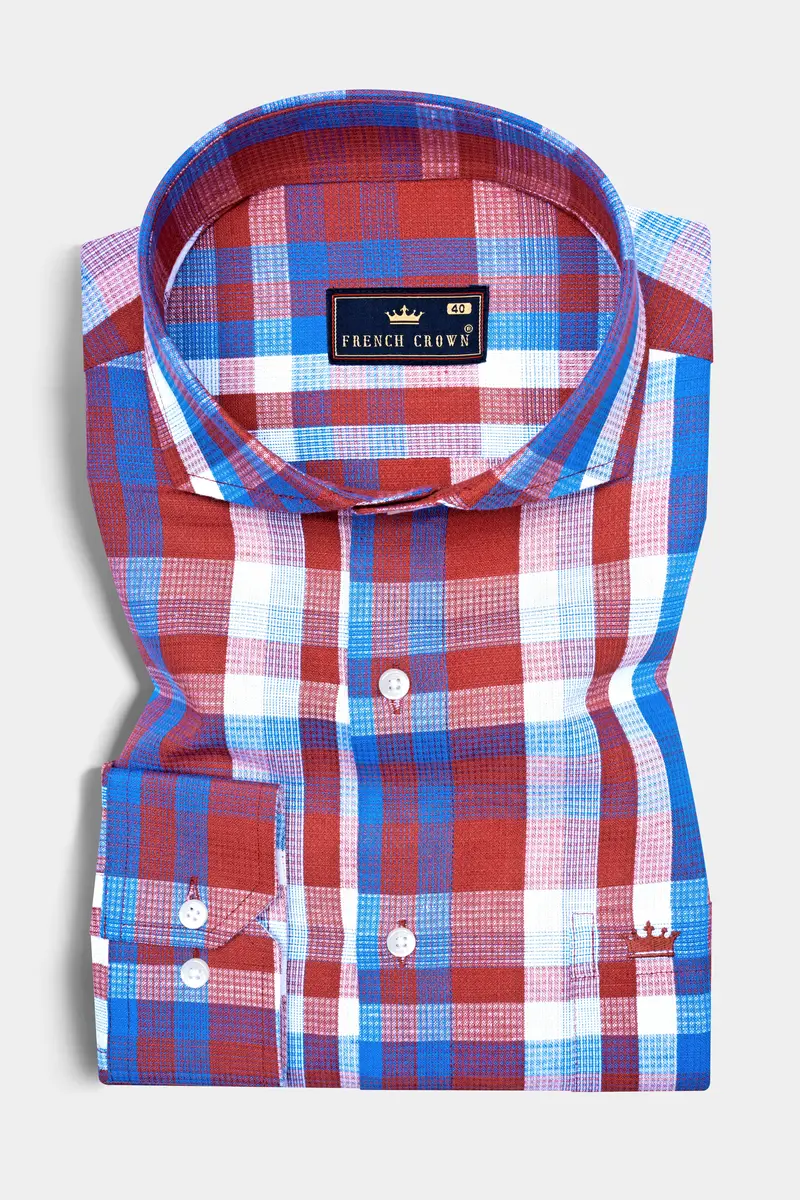 Lonestar Red With Blue Checkered Dobby Textured Premium Cotton Shirt 3