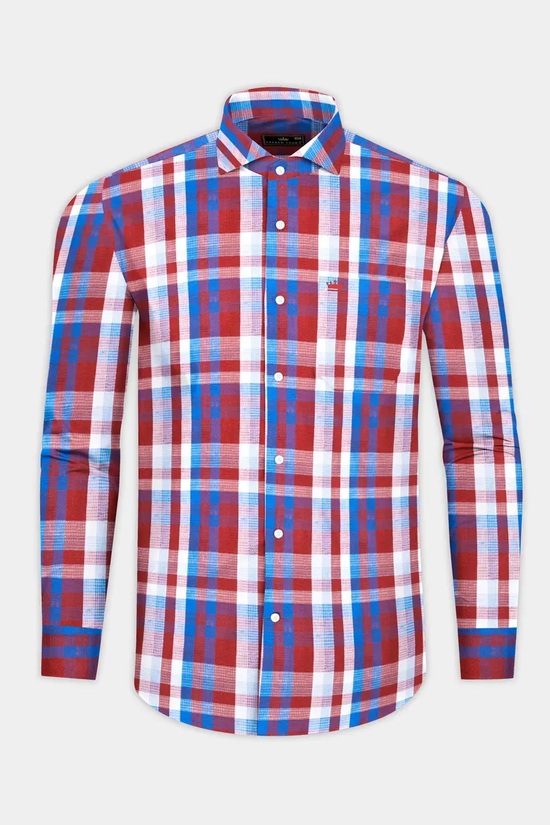 Lonestar Red With Blue Checkered Dobby Textured Premium Cotton Shirt 4