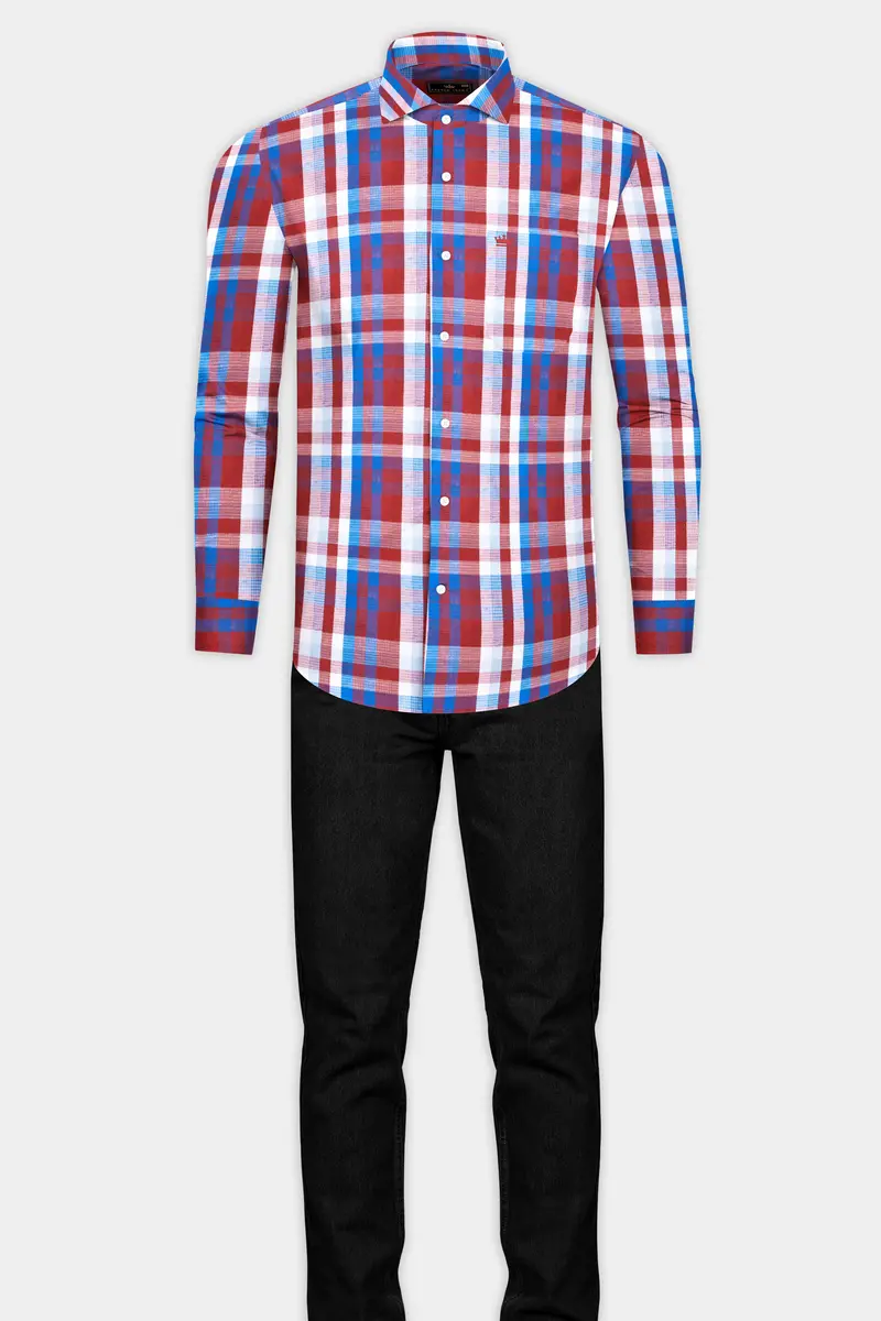 Lonestar Red With Blue Checkered Dobby Textured Premium Cotton Shirt 6