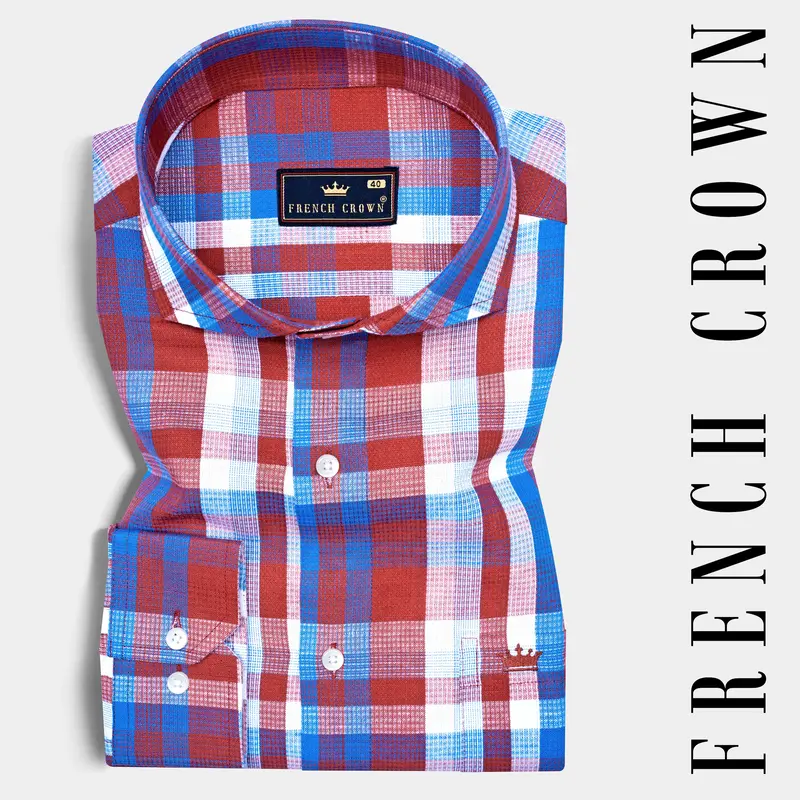 Lonestar Red With Blue Checkered Dobby Textured Premium Cotton Shirt 7