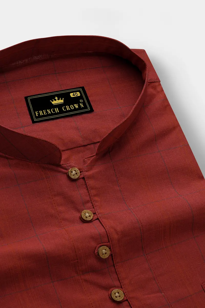 Lotus Red Plaid Premium Cotton Kurta Shirt 4
