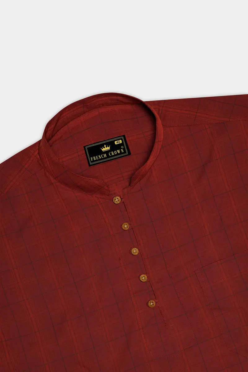 Lotus Red Plaid Premium Cotton Kurta Shirt 5