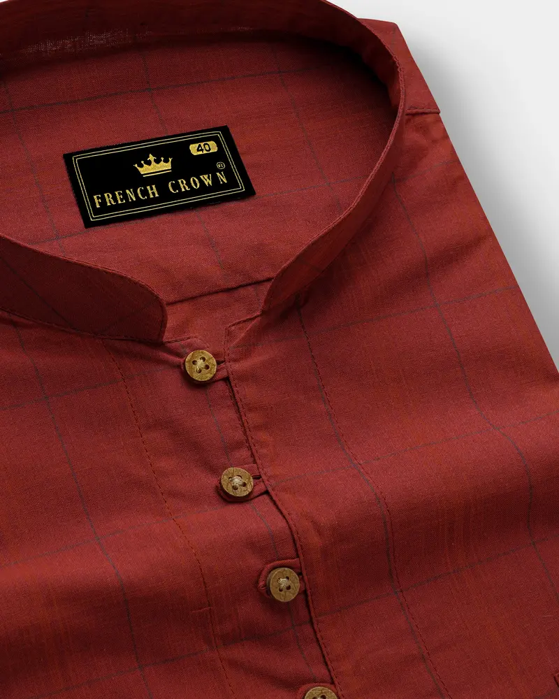 Lotus Red Plaid Premium Cotton Kurta Shirt 6