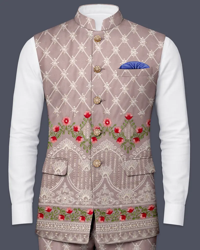 Luminza-Martini Cream Merlot Red Multicolour Thread And Sequin Embroidered Designer Nehru Jacket 1