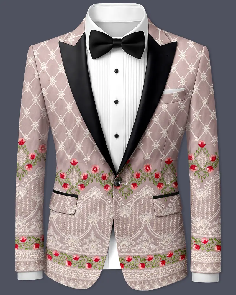Luminza-Martini Cream Merlot Red Multicolour Thread And Sequin Embroidered Designer Peak Lapel Tuxedo Blazer 1