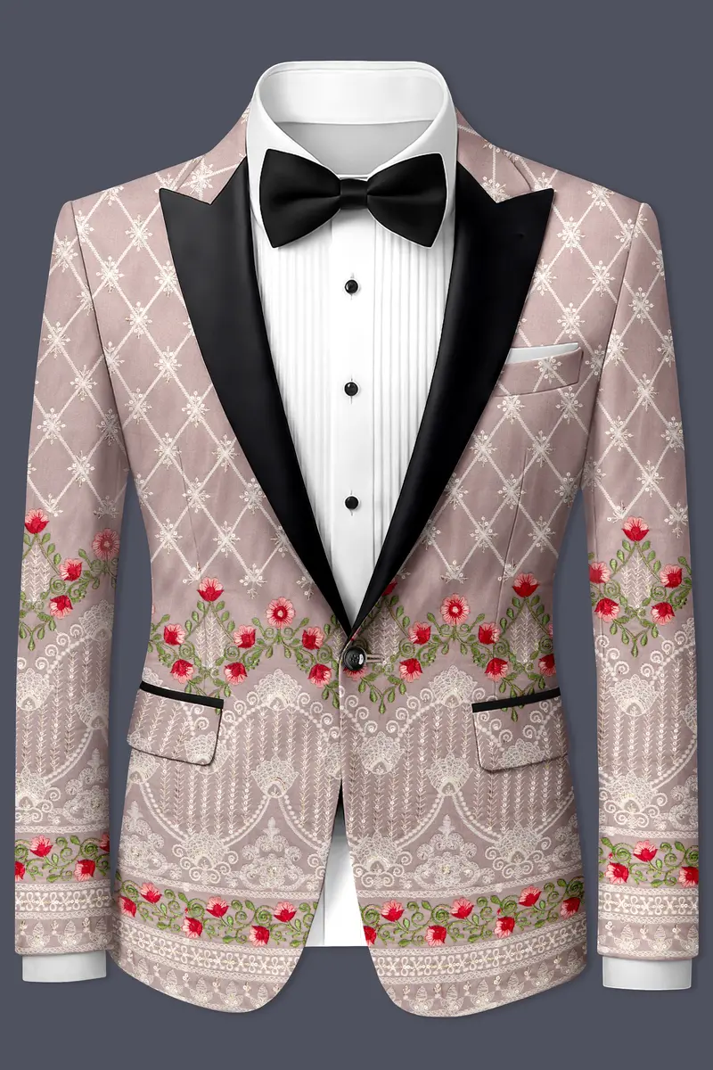 Luminza-Martini Cream Merlot Red Multicolour Thread And Sequin Embroidered Designer Peak Lapel Tuxedo Blazer 2