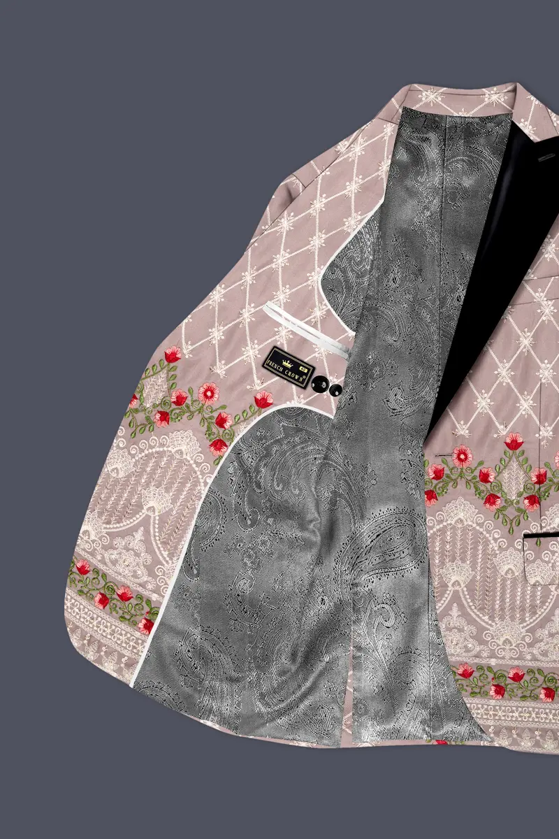 Luminza-Martini Cream Merlot Red Multicolour Thread And Sequin Embroidered Designer Peak Lapel Tuxedo Blazer 5