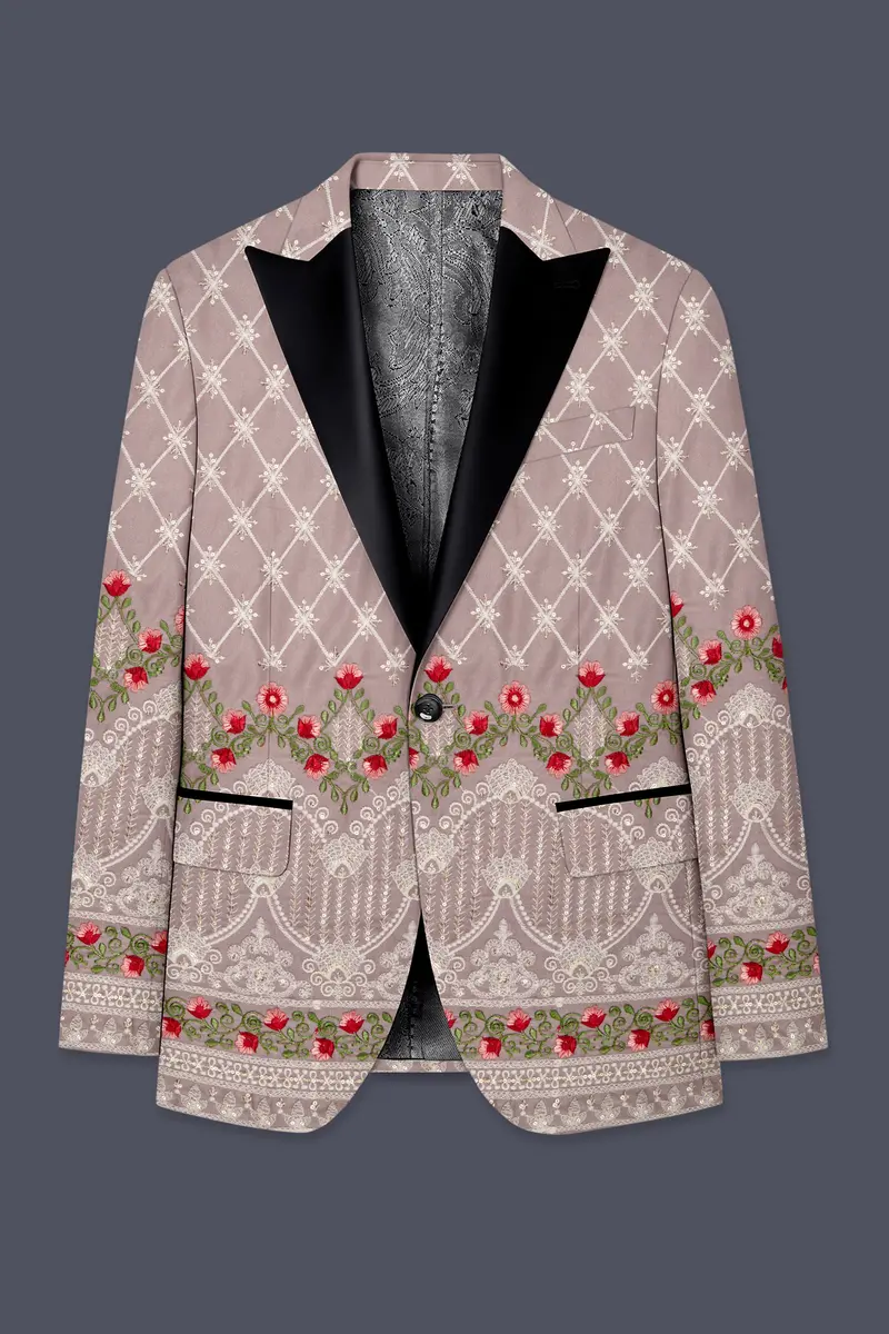 Luminza-Martini Cream Merlot Red Multicolour Thread And Sequin Embroidered Designer Peak Lapel Tuxedo Blazer 7