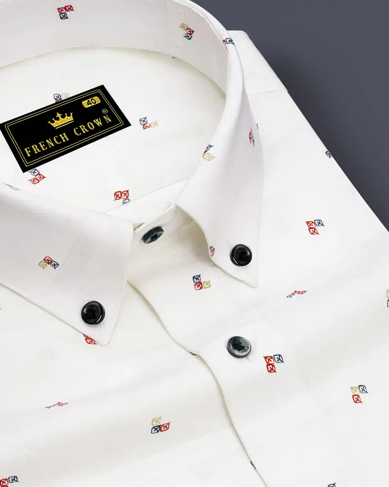 Lumoro Bright White Printed Dobby Premium Giza Cotton Dress Shirt 1