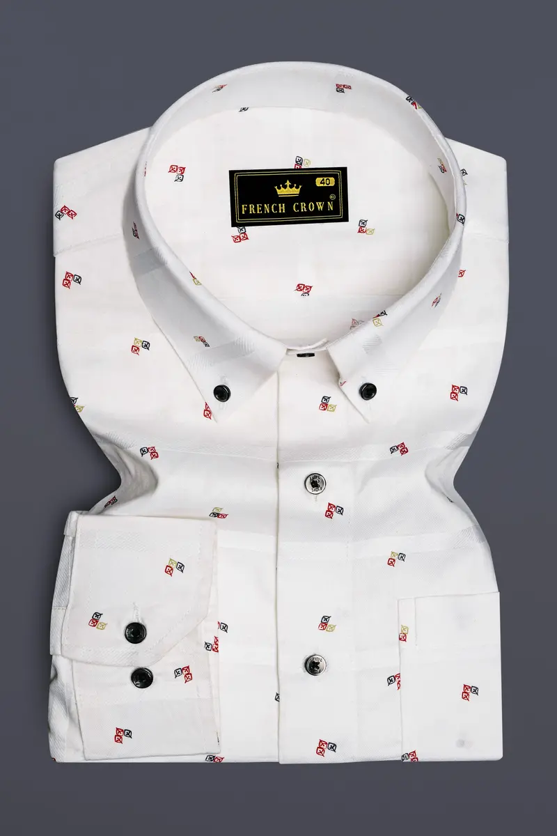 Lumoro Bright White Printed Dobby Premium Giza Cotton Dress Shirt 4