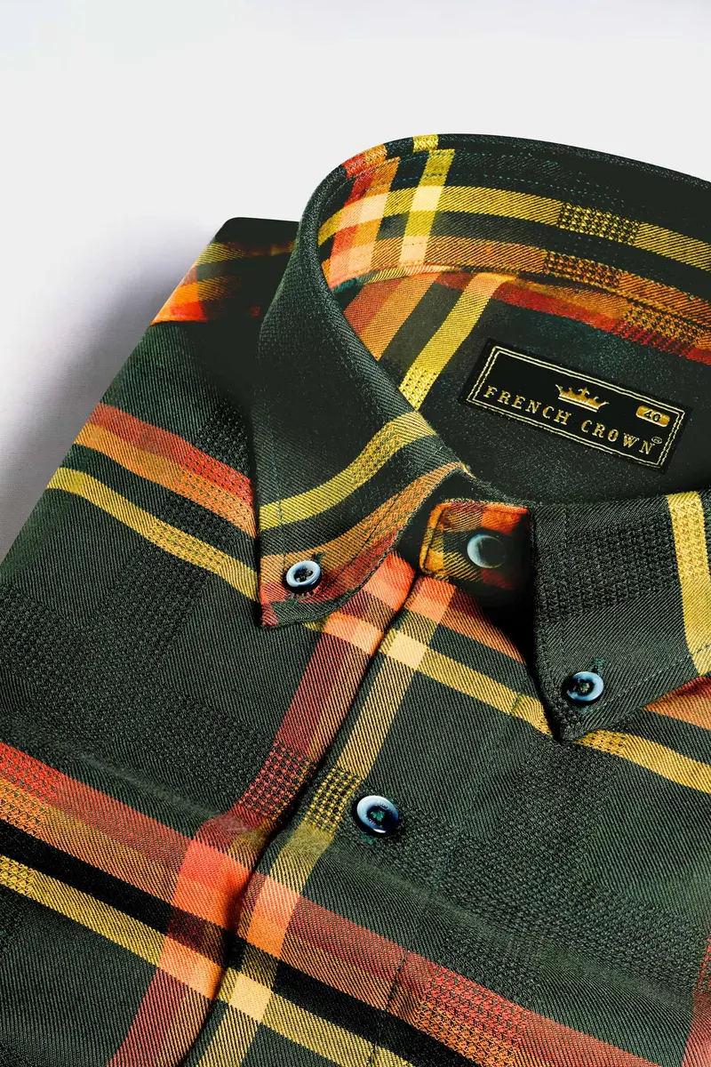 Lunar Green And Naples Yellow Plaid Dobby Textured Premium Giza Cotton Shirt 1