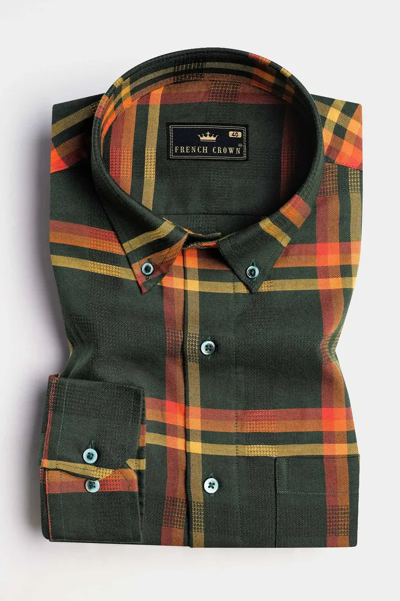 Lunar Green And Naples Yellow Plaid Dobby Textured Premium Giza Cotton Shirt 3