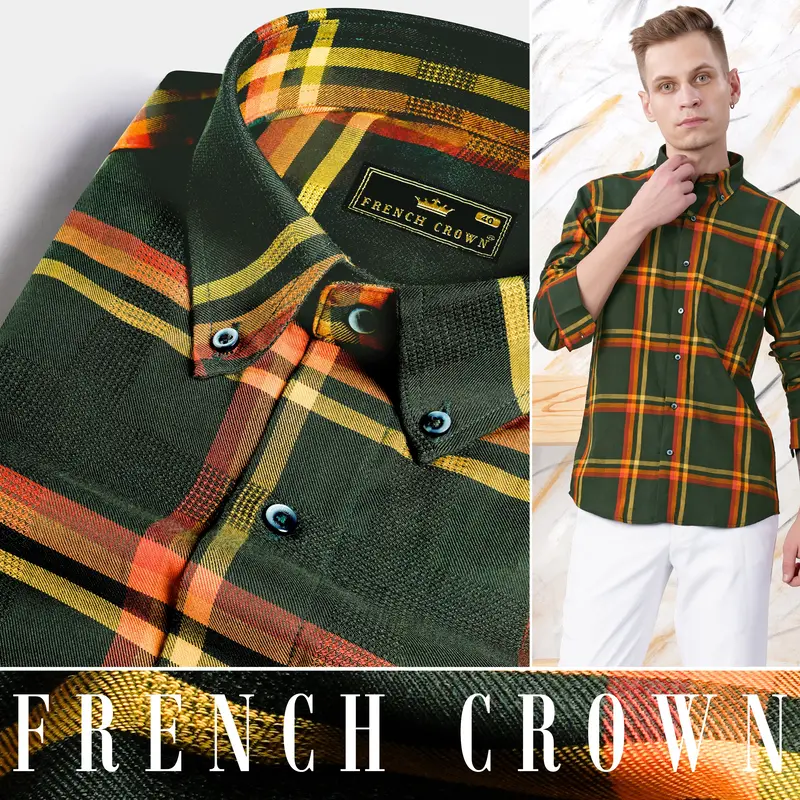 Lunar Green And Naples Yellow Plaid Dobby Textured Premium Giza Cotton Shirt 4