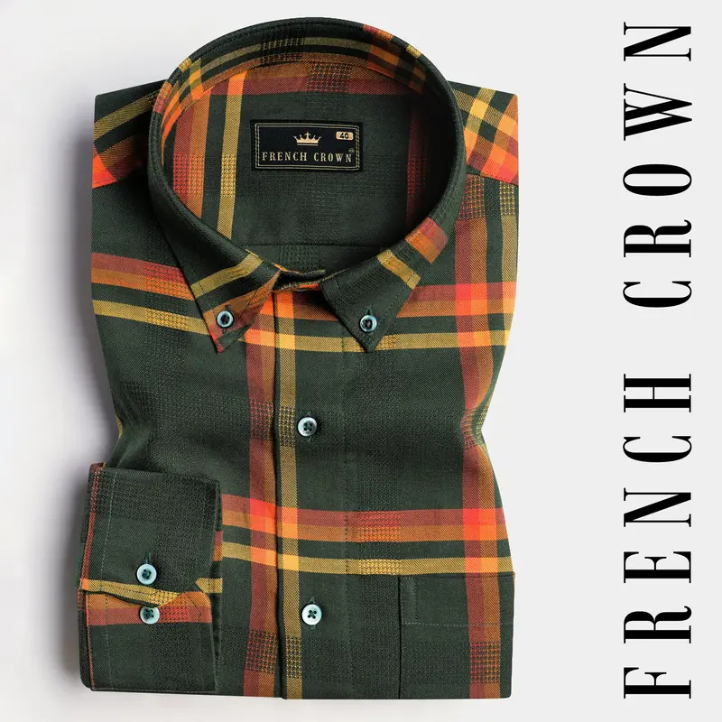 Lunar Green And Naples Yellow Plaid Dobby Textured Premium Giza Cotton Shirt 7