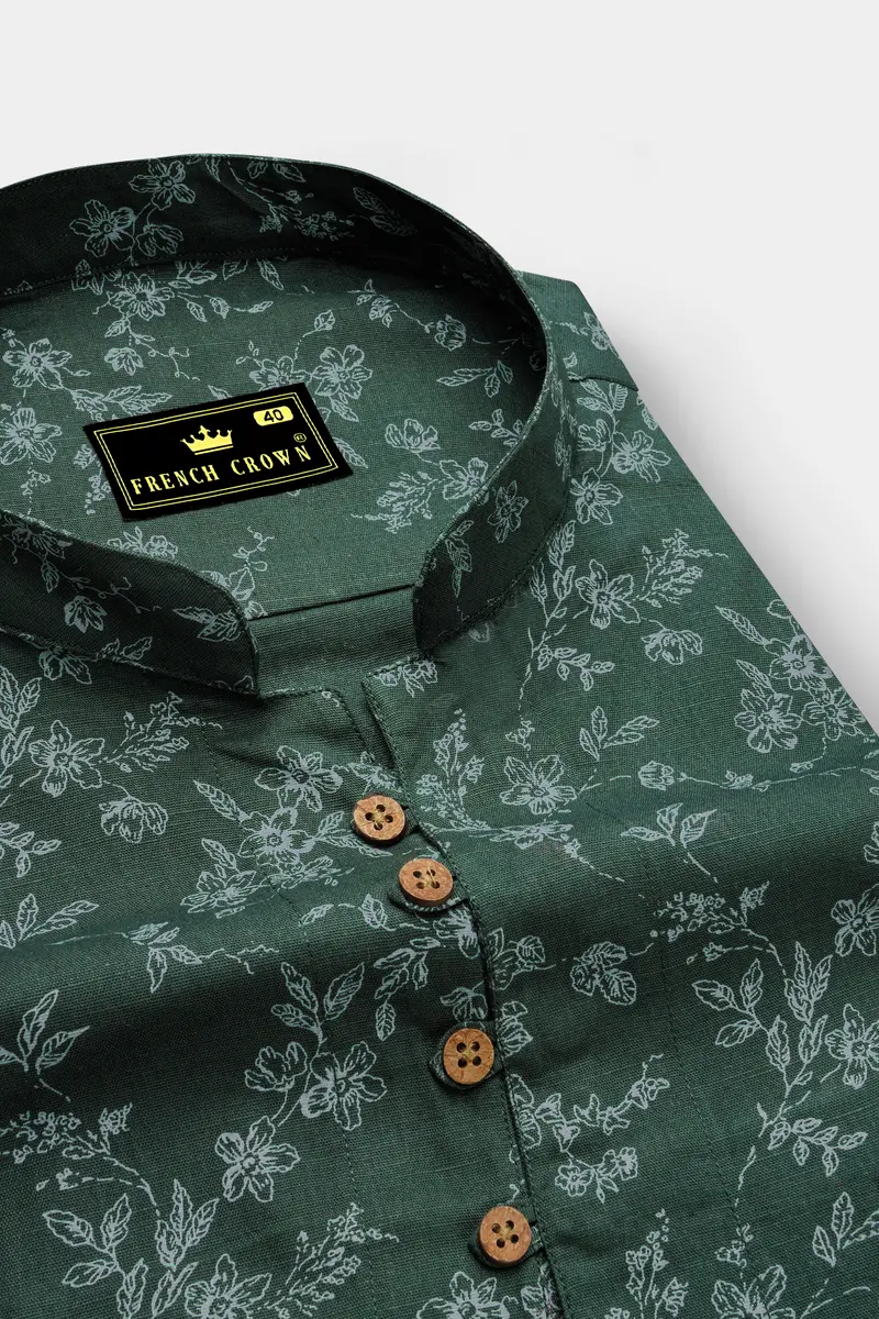 Lunar Green Ditsy Textured Luxurious Linen Kurta Shirt 4