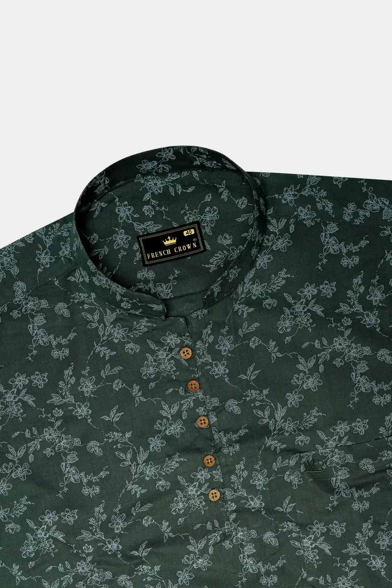 Lunar Green Ditsy Textured Luxurious Linen Kurta Shirt 5