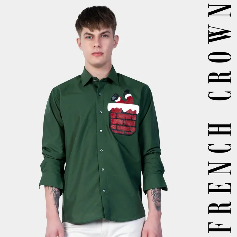 Lunar Green Funny Santa Hand Painted Chambray Designer Shirt 1