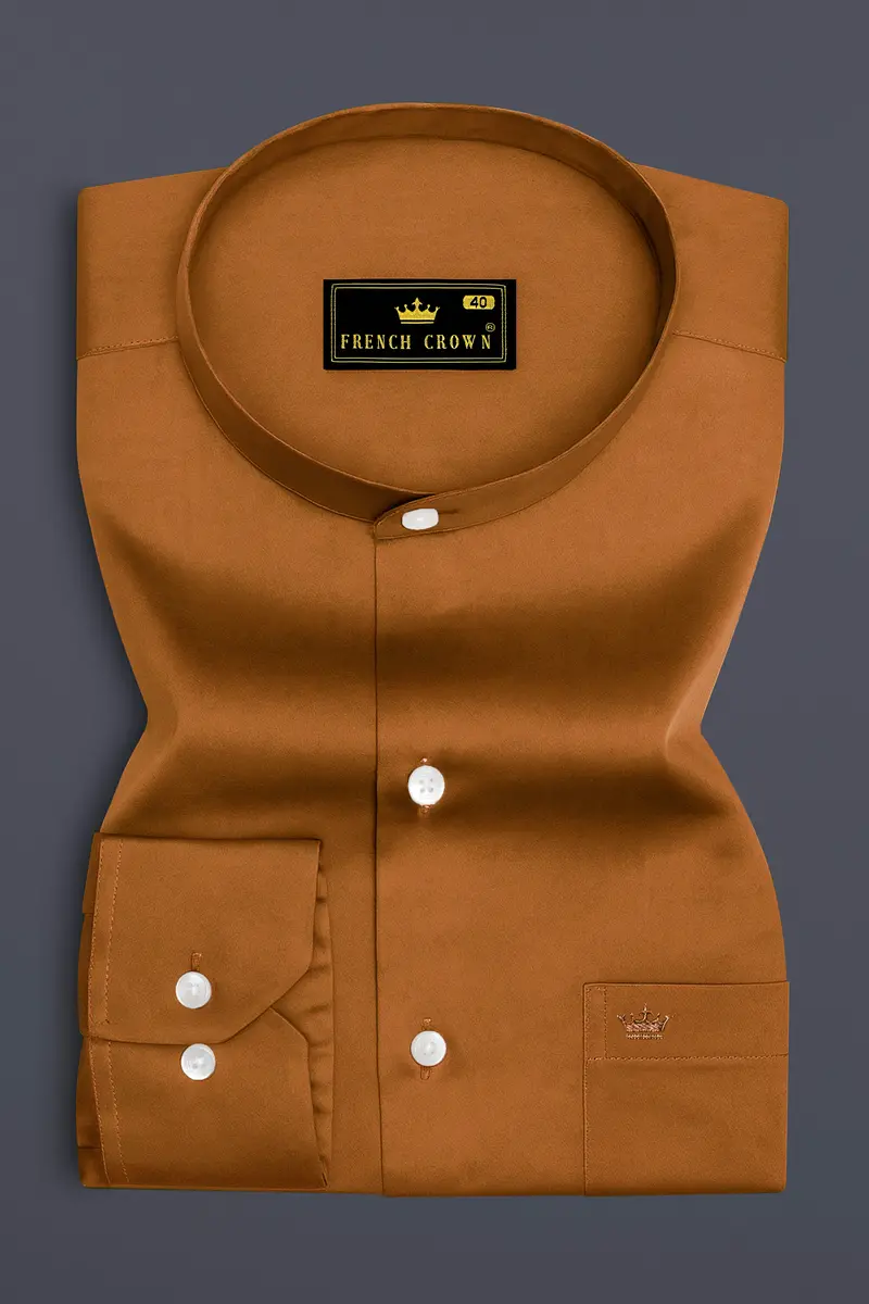 Lustran-Sienna Brown Subtle Sheen Super Soft Premium Cotton Mandarin Shirt 4