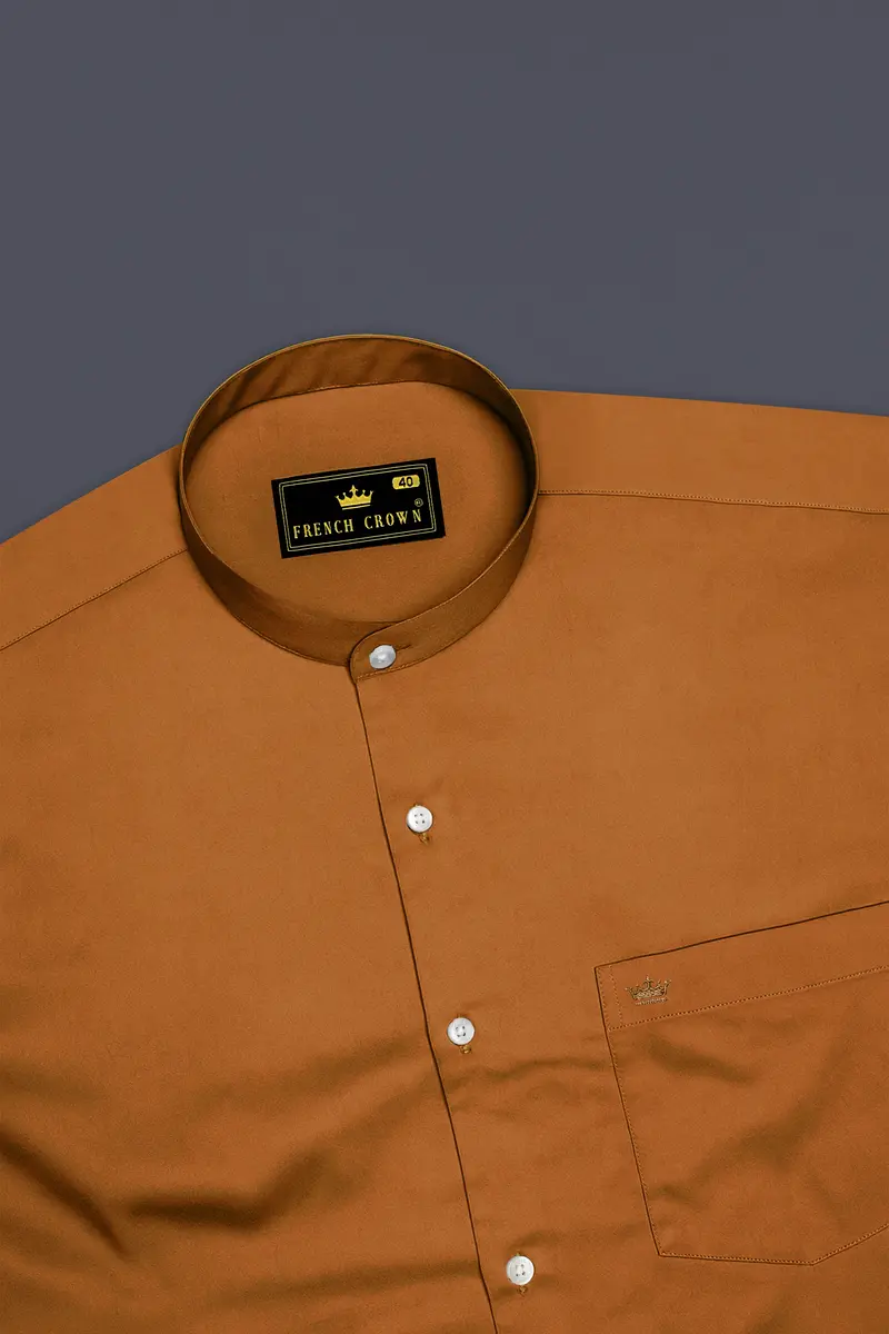 Lustran-Sienna Brown Subtle Sheen Super Soft Premium Cotton Mandarin Shirt 5