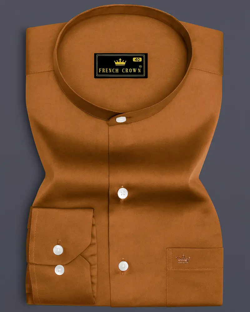 Lustran-Sienna Brown Subtle Sheen Super Soft Premium Cotton Mandarin Shirt 6