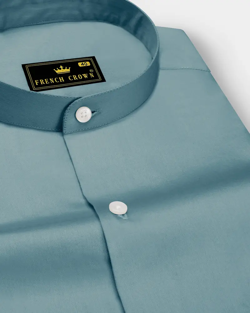 Lustraro-Cadet Green Subtle Sheen Super Soft Premium Cotton Mandarin Dress Shirt 1