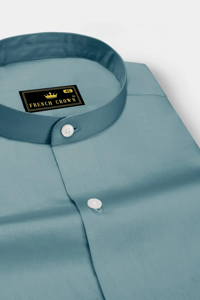 Lustraro-Cadet Green Subtle Sheen Super Soft Premium Cotton Mandarin Dress Shirt 2