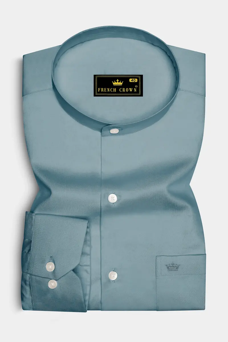 Lustraro-Cadet Green Subtle Sheen Super Soft Premium Cotton Mandarin Dress Shirt 4