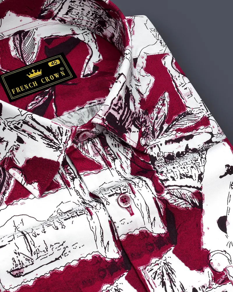 Lustraro Merlot Red And Bright White Printed Subtle Sheen Super Soft Premium Cotton Casual Shirt 1