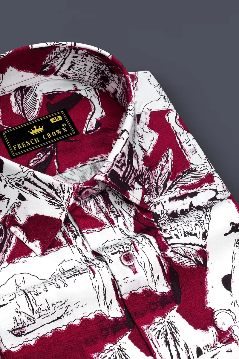 Lustraro Merlot Red And Bright White Printed Subtle Sheen Super Soft Premium Cotton Casual Shirt 2