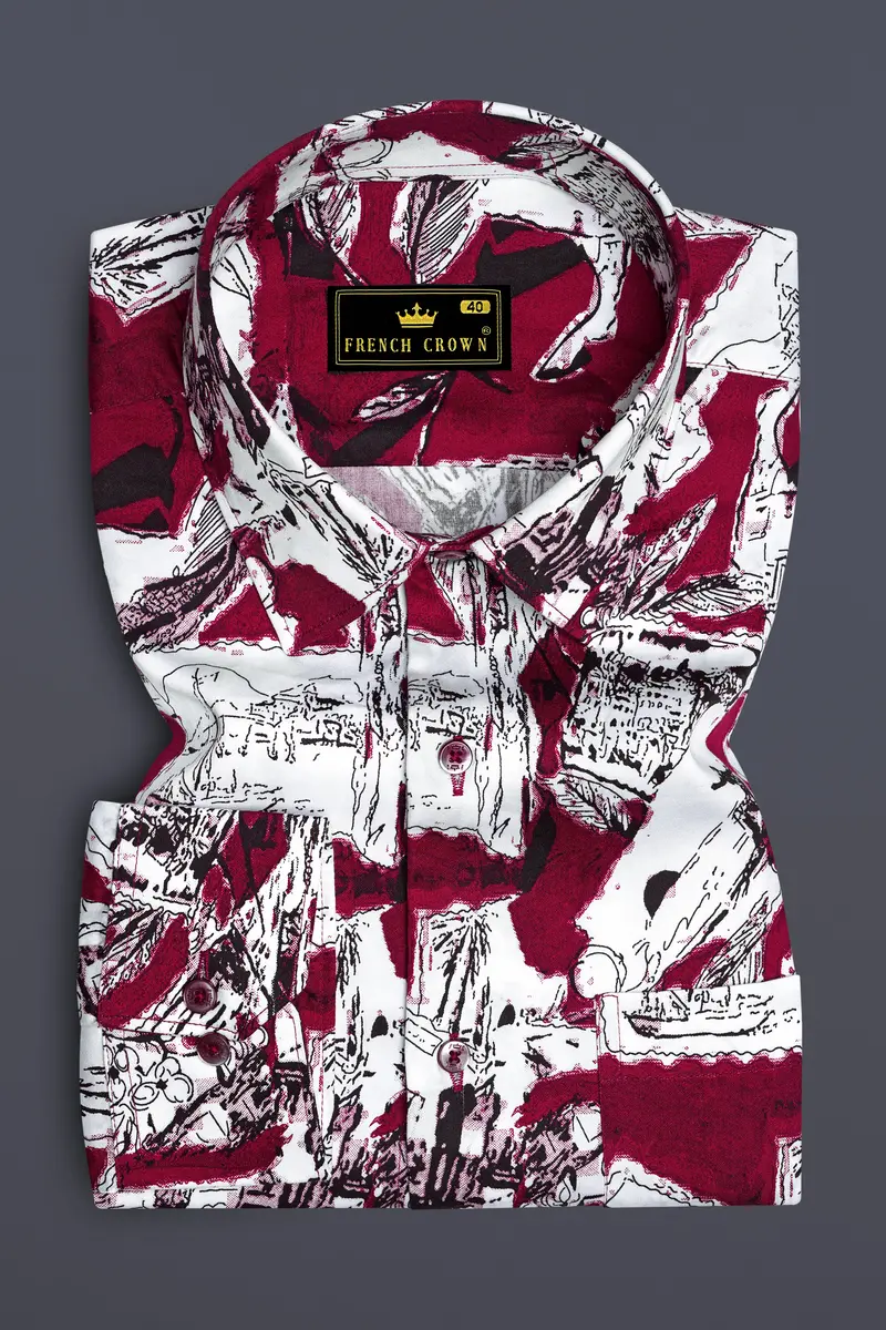 Lustraro Merlot Red And Bright White Printed Subtle Sheen Super Soft Premium Cotton Casual Shirt 4