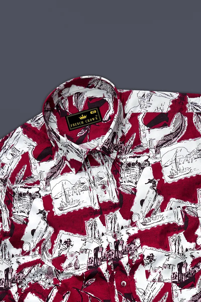 Lustraro Merlot Red And Bright White Printed Subtle Sheen Super Soft Premium Cotton Casual Shirt 5