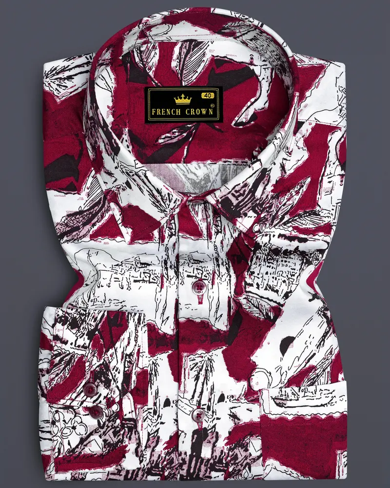 Lustraro Merlot Red And Bright White Printed Subtle Sheen Super Soft Premium Cotton Casual Shirt 6