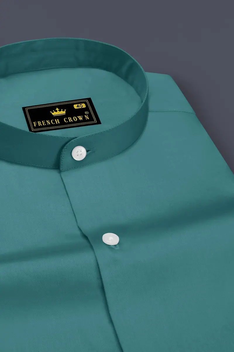 Lustraro-Viridian Green Subtle Sheen Super Soft Premium Cotton Mandarin Dress Shirt 2