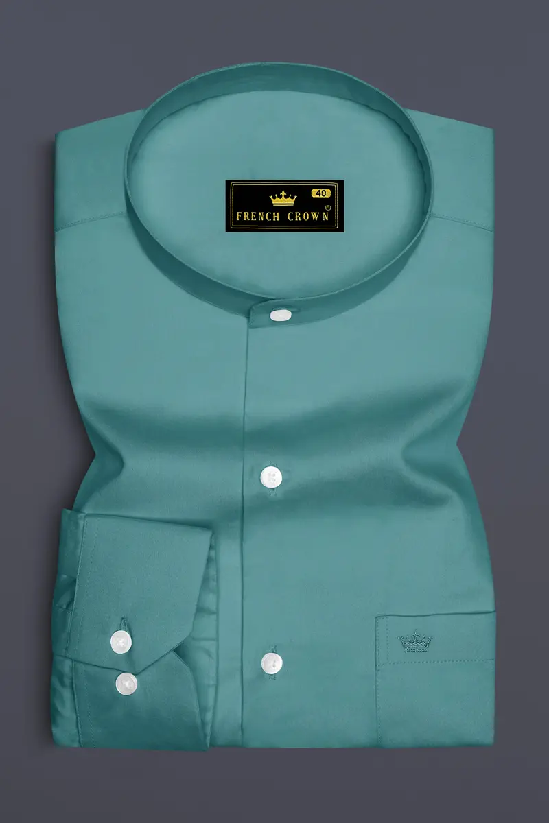 Lustraro-Viridian Green Subtle Sheen Super Soft Premium Cotton Mandarin Dress Shirt 4