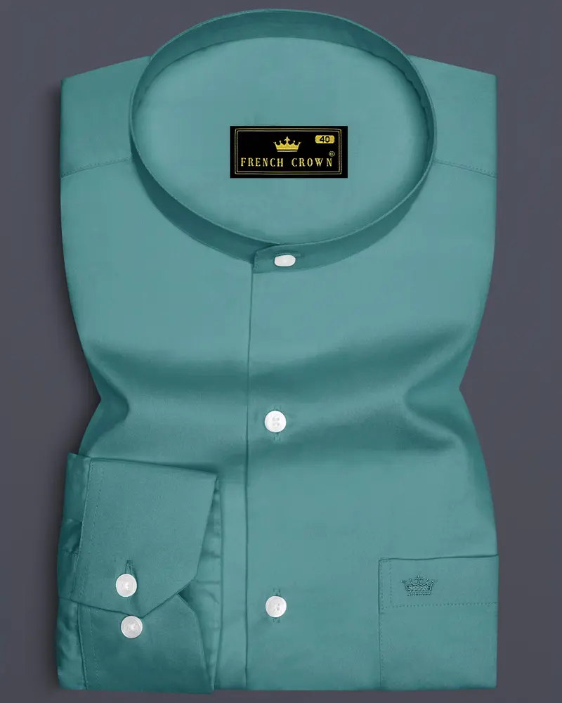 Lustraro-Viridian Green Subtle Sheen Super Soft Premium Cotton Mandarin Dress Shirt 6
