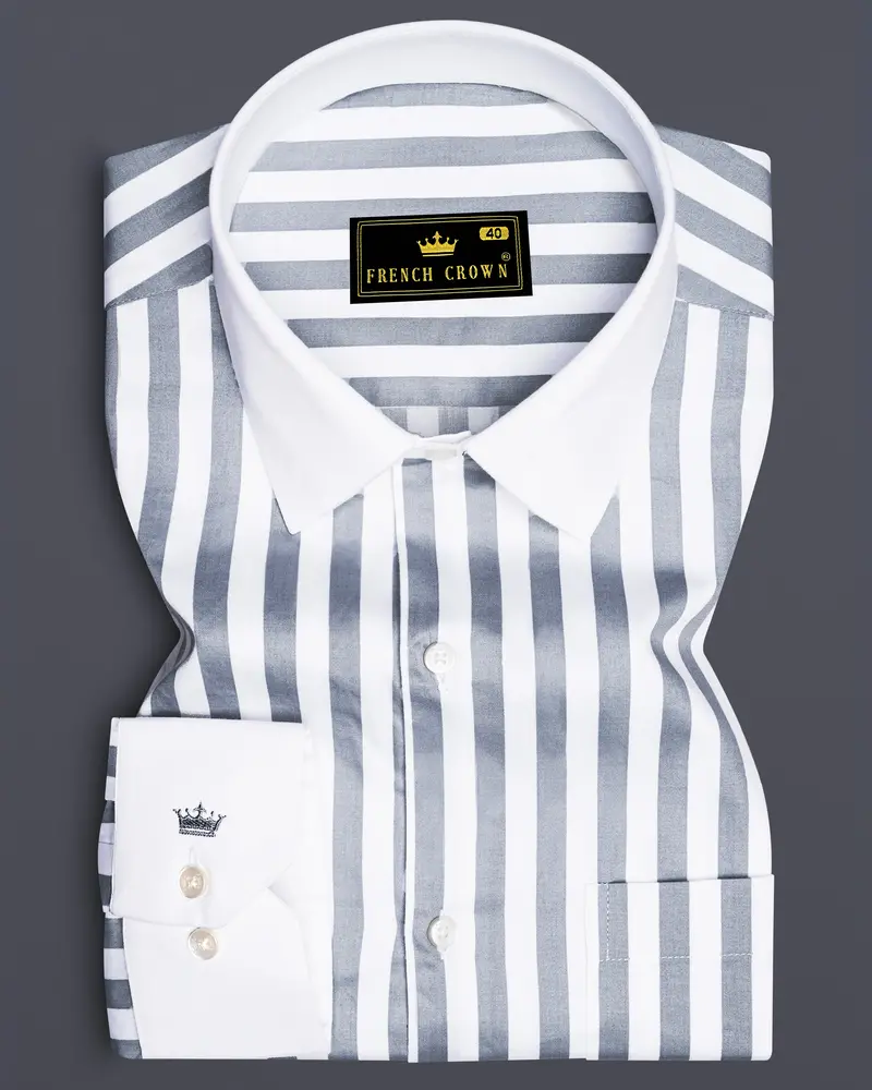 Lustravo-Santa Gray And Bright White Awning Striped Super Soft Premium Cotton Dress White Cuff Collar Shirt 1