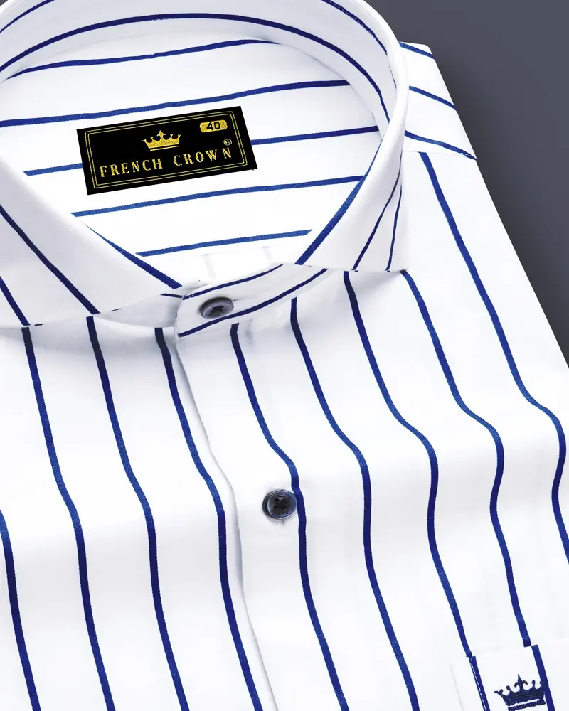 Lustrivon-Bright White And Downriver Blue Pin Striped Subtle Sheen Super Soft Premium Cotton Cut Away Collar Dress Shirt 1