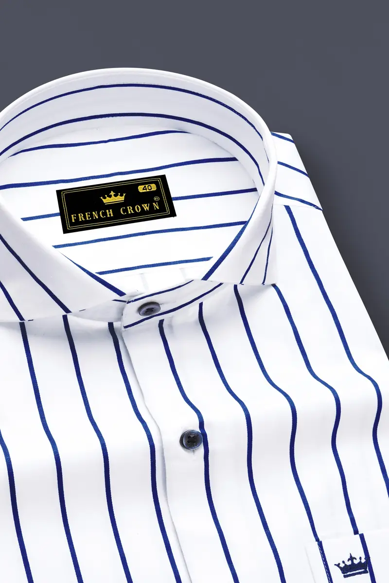 Lustrivon-Bright White And Downriver Blue Pin Striped Subtle Sheen Super Soft Premium Cotton Cut Away Collar Dress Shirt 2